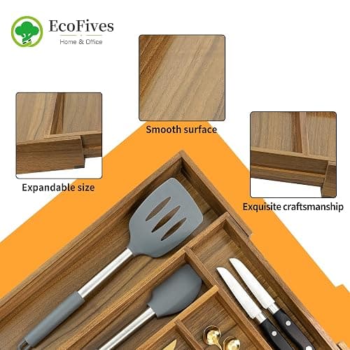 EcoFives Luxury Acacia Kitchen Drawer Organizer - Silverware Organizer - Utensil Holder and Cutlery Tray with Grooved Drawer Dividers for Flatware and Kitchen Utensils (8 Slot) thumbnail 6