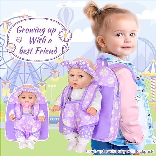 12" Flower Pattern Baby Doll With Backpack Carrier Clothes and Accessories | 12 Inch Baby Dolls Set In Gifts Box With Hanky Pacifier Bottle Pretend Baby Care Interactive Toy For Girl Child Toddler 3+ thumbnail 6