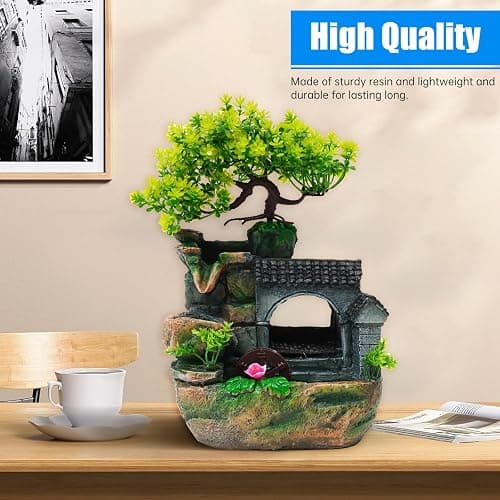 Tabletop Waterfall Fountain – 11 in Rockery Humidifier with Color-Changing LED Light, Adjustable Pump & Faux Bonsai Tree, Resin Indoor Desk Fountain Décor for Bedroom, Office, Aquarium, Meditation thumbnail 3