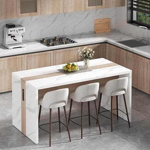 63" Large Island Table for Kitchen with Charging Station,Faux Marble Wooden Dining Table for 4-6 People,Modern Luxury Kitchen Island with Multi-Color LED Mood Lighting & Stylish Grill Design thumbnail 3