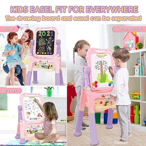 Mojitodon Art Easel for Kids, Adjustable Standing Rotatable Double Sided Easel with Painting Accessories for Toddlers Boys and Girls-Pink thumbnail 4