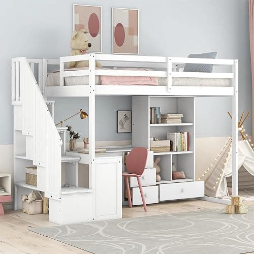 Harper & Bright Designs Twin Size High Loft Bed with L-Shaped Desk, Wood Twin Loft Bed with Storage Drawers and Cabinets, White thumbnail 4