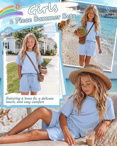 JoyMotion Girls 2 Piece Summer Outfits 5-14y Kids Short Sleeve T-shirt Drawstring Shorts Tween Matching Sets thumbnail 2
