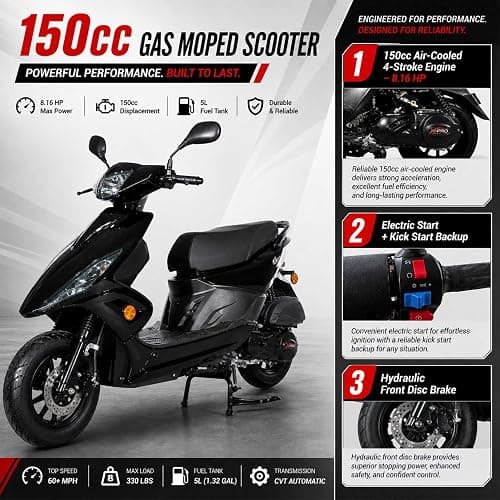 X-PRO Bali 150cc Gas Moped CVT Automatic, Electric Start, Fuel‑Efficient Commuter Motorcycle with Large Storage – Adult Moped for Daily Riding & City Travel (Black) thumbnail 3