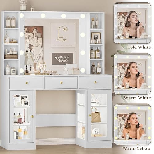 Wodeer Makeup Vanity Desk with Mirror and Lights, White Vanity with Glass Top, LED Lights & Power Outlet, 3 Drawers & 2 RGB Glass Cabinets, Adjustable Lighted Dressing Table for Women & Girls Bedroom thumbnail 4