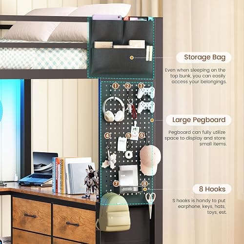Itaar Twin Loft Bed with L-Shaped Desk and 8 Storage Drawers, Metal Kids Loft Bed Twin with Led Lights & Charging Sation, Hall Tree, Safety Guard & Ladder, No Box Spring Needed, Rustic Brown thumbnail 8