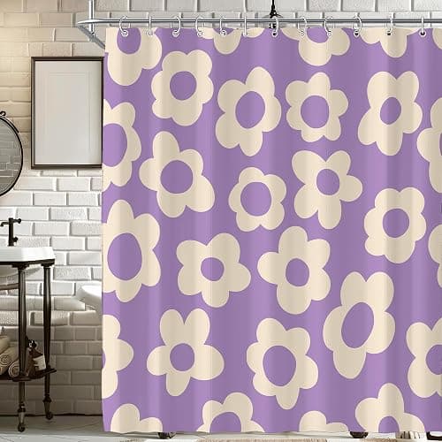 Visioun Purple Cute Retro Floral Abstract Flower Shower Curtain for Bathroom 72W*72H Inch 70s Lovely Vintage Aesthetic Funky Bathtub Decor Modern Trendy Waterproof Polyester Fabric Set with 12 Hooks - Image 1