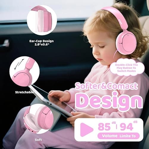 MIDOLA Active Noise Cancelling Kids Headphones Bluetooth 5.4 Wireless Volume Limited 85/94dB,Type C Fast Charging,Over Ear Foldable with Mic Aux Cord for Toddler Child Pad Tablet Pink thumbnail 6