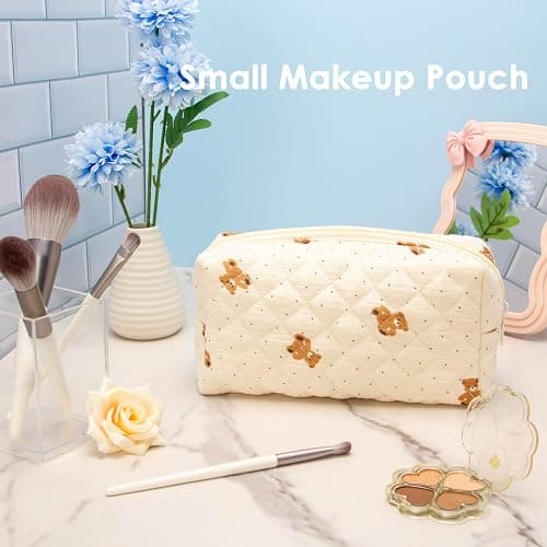 PAZIMIIK Vintage Quilted Makeup Bag Cosmetic Pouch for Brushes Pencils and Travel Make Up Accessories for Women and Girls Bear Beige thumbnail 2