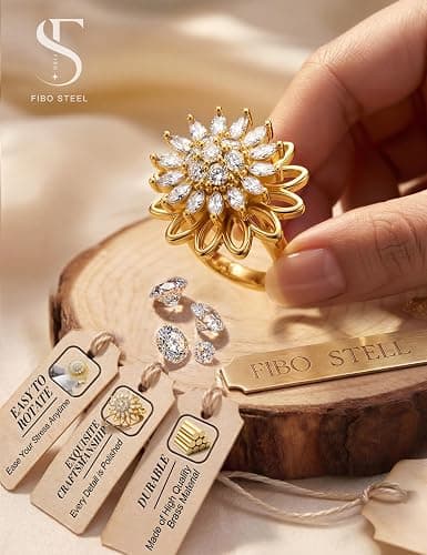FIBO STEEL Fidget Anxiety Rings for Women - 8Pcs 14K Gold Plated Spinner Adjustable Rings Stress Relief Open Ring Stacks CZ Sun flower Butterfly Bead Evil Eye Non Tarnish Ring Set thumbnail 4