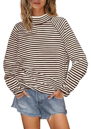 Yanekop Womens Striped Mock Neck Shirts Oversized Long Sleeve Tops Casual Pullover Tops Fall Fashion Basic Tees - Image 1