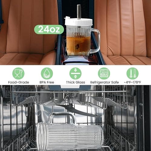 Birity 24oz Ribbed Glass Cup with Lids and Straws,2Pack Glass Tumbler with Handle,Reusable lced Coffee Cups with lids-Glass Cups with Lids,Mason Jar Cup for Smoothie,Coffee,Juice,Water,Tea,Travel Mug thumbnail 4