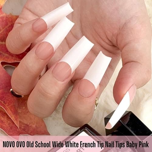 NOVO OVO Old School Wide White French Tip Nail Tips Press on, Long Tapered Square BABY PINK, Extra Thick Soft Gel Fake Acrylic Extension, Need Builder Gel Top Coat & Glue, 15 Sizes 240 pcs thumbnail 4