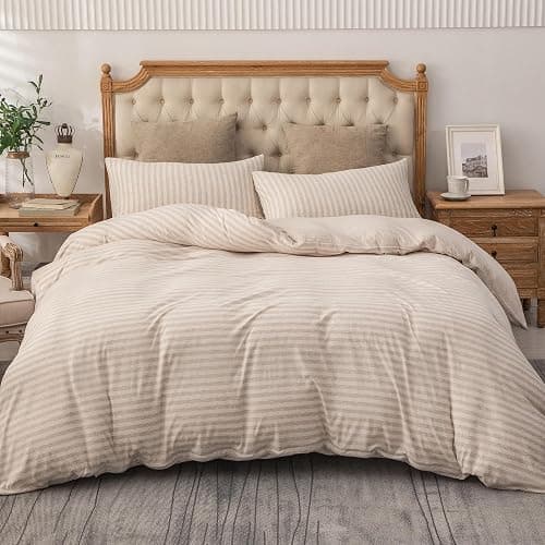 PURE ERA Jersey Knit Duvet Cover Set 100% T-Shirt Heather Cotton Super Soft Comfy Classic Striped Design, with Zipper Closure, Heather Beige Stripe, Queen thumbnail 9