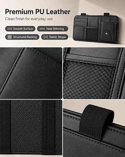 All‑in‑one Sun Visor Organizer Double Zippers Elastic Bands & Glasses Clip | Daily Driving for Cards, Money, Tickets, Leather Interior Accessories, Car Truck Suv Storage Pouch Holder(Black) thumbnail 4