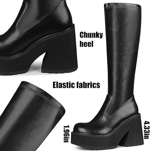 AMINUGAL Womens Elastic Knee High Platform Chunky Block High Heel Sock Boots Zipper Round Toe Fashion Motorcycle Combat Punk Boots For Women thumbnail 4
