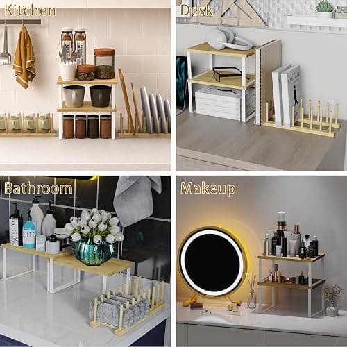 Plate Organizer for Cabinet - 4 Pcs Stackable Plate and Bowl Organizer Set with 2 Cabinet Shelves and 16-Slot Dish Rack for Plates, Bowls, Cups and Pot Lids | Reinforced structure, high load-bearing, deformation resistant, fast draining, space saving, multi-scene use, quick assembly thumbnail 7