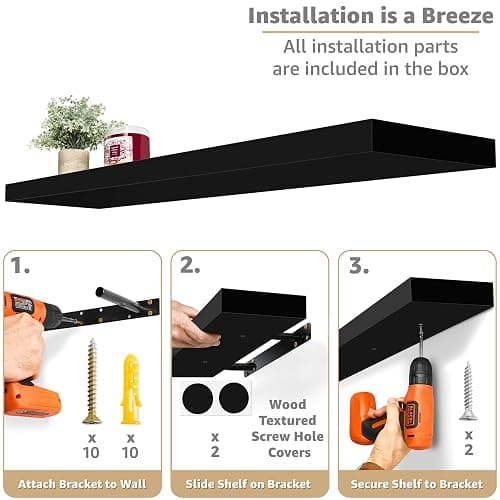 Sorbus Floating Shelves for Wall - 35 Inch Long Bathroom Shelves, Wall Decor for Bedroom, Kitchen, Living Room & Book Storage - Mounted Floating Shelf with Invisible Brackets (Black, 2 Pack) thumbnail 4