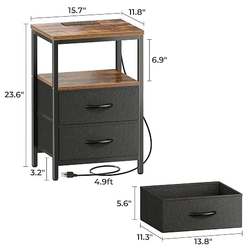 Huuger Nightstand with Charging Station, Side Table with Fabric Drawers, End Table with Open Shelf, Bedside Table with USB Ports and Outlets, Night Stand for Bedroom, Rustic Brown and Black thumbnail 2