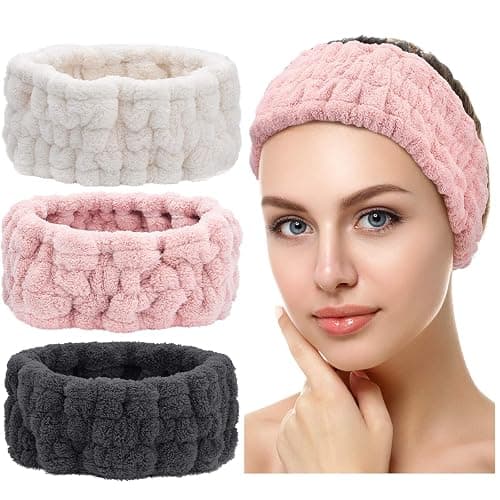 Chuangdi 3 Pieces Spa Headband for Women Facial Makeup Headband Soft Terry Cloth Hairband for Washing Face Mask Spa Shower Gifts(Pink, Milky-White, Dark Grey) - Image 1