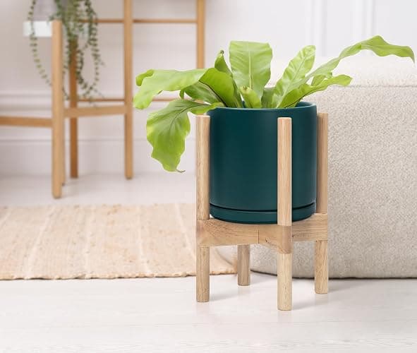 D'vine Dev Ceramic Planter with Natural Stand - 8 Inch Modern Round Flower Pot with Wood Planter Holder, Teal, 55-B-N-4 thumbnail 4