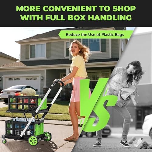 BSMTEK 8-in-1 Max 200LBS Collapsible Shopping Cart on Wheels with 2 Storage Crates, Portable Foldable Shopping Cart with Foot Brake for Picnic, Supermarket, Office, Green-2025 Upgraded thumbnail 5