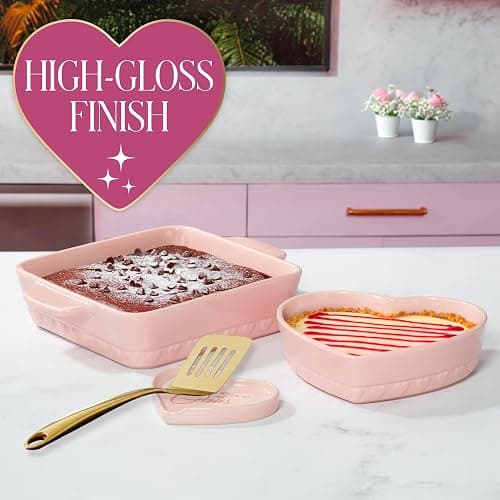 Paris Hilton 3-Piece Ceramic Baker Set, Iconic Stoneware with Square & Heart Bakers and Spoon Rest, Microwave/Oven/Freezer Safe, Durable Bakeware for Everyday Cooking & Serving, Pink thumbnail 2