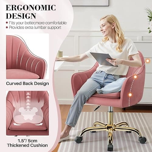 BestEra Vanity Chair with Wheels, Comfy Home Office Desk Chairs Adjustable Modern Velvet Makeup Vanity Chairs for Bedroom Living Room-Dusty Rose thumbnail 5