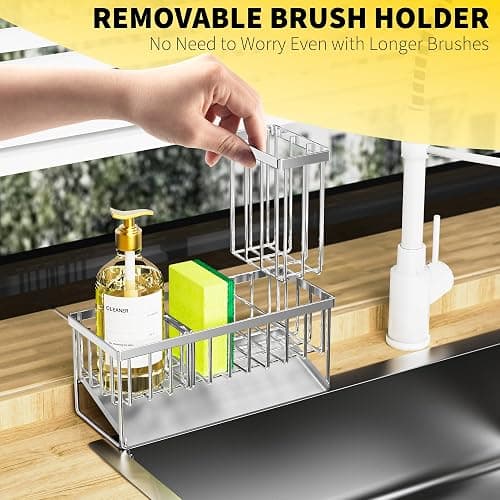 Cisily Sink Caddy Sponge Holder for Kitchen, 304 Stainless Steel Rustproof, Kitchen Sink Caddy with High Brush Holder, Dish Sponge Organizer with Divider(Silver) thumbnail 4