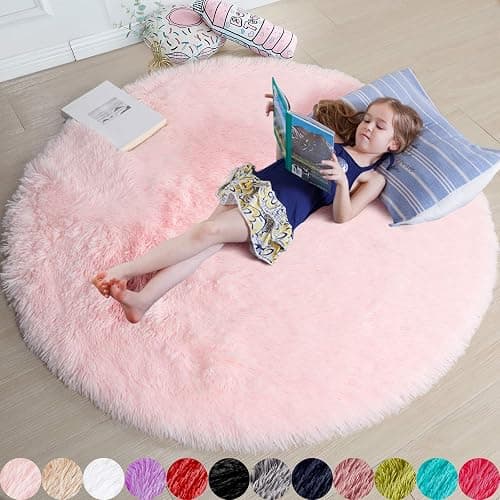 Pink Fluffy Round Rug 5Ft for Girls Bedroom Decor Aesthetic, Shaggy Circle Area Rugs for Kids Room Living Room, Cute Fuzzy Carpet for Nursery, Dorm, Classroom, Teen, Princess, Comfy Baby Playroom Rug - Image 1