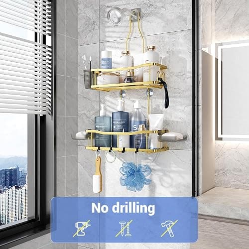 Aitatty Hanging Shower Caddy Bathroom Organizer: Rustproof Shower Shelf Racks Over Shower Head - No Drilling Inside Bath Shower Rack Shelves Over Showerhead for Shampoo with Soap Holder Gold - Gold thumbnail 3