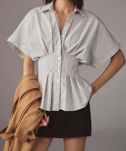 Burtell Casual Striped Button Down Shirts for Women Lapel V Neck Pleated Short Sleeve Blouse Peplum Tops Business Work Tops thumbnail 2