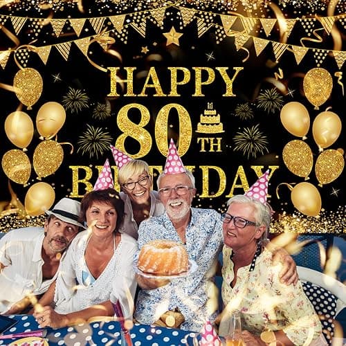 80th Birthday Decorations for Men Women - Happy 80th Birthday Banners Decorations Black Gold 80 Years Birthday Party Favor Backdrop for 80th Birthday Party Sign Decor (71 x 45 inch) thumbnail 3
