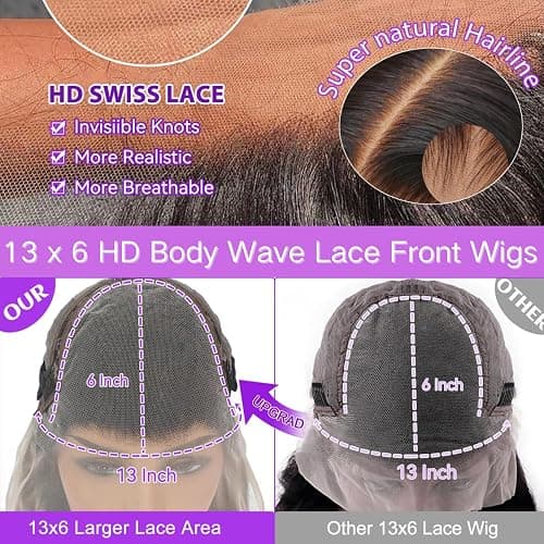13x6 Lace Front Wigs Human Hair Body Wave HD Lace Wig 220% Density 28 Inch | Brazilian Virgin Hair Pre Plucked with Baby Hair HD Transparent Lace Frontal Human Hair Wigs for Black Women Natural Black thumbnail 6
