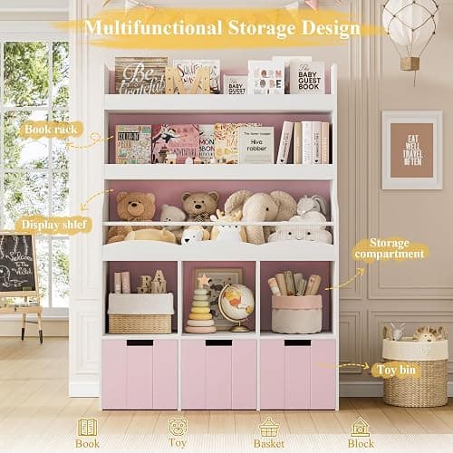 HITHOS 55.3"H Kids Bookshelf with Toy Storage Organizer, Tall Book Shelf with 3 Mobile Toy Storage Bins, Large Kids Bookcase with Toy Chest, 39.2"W Modern Toy Box for Kid Room, Playroom, Pink, White thumbnail 4
