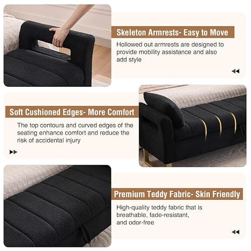 66" Storage Bench for Bedroom Upholstered End of Bed Bench King Size Black | Long Bedroom Benches for Foot of Bed King,Teddy Storage Bed Bench with Gold Legs,2 Pillows for Entryway Windows Cloakroom thumbnail 5