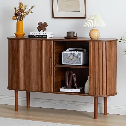 XUZENEST 53''Sideboard Buffer Cabinet with Fluted Slide Doors, Modern Credenza Storage Cabinet, Tambour Bar Console Table for Living Dining Room Kitchen Hallway Entryway, Walnut thumbnail 6