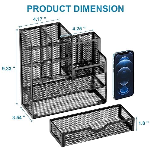 Marbrasse Mesh Pen Holder for Desk, Multi-Functional Pencil Organizer with Drawer, Desk Organizers and Accessories for Office Art Supplies (Black) thumbnail 3
