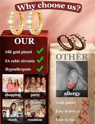 8 Pairs Gold Hoop Earrings Set for Women, 14K Gold Plated Stackable Gifts | Lightweight Hypoallergenic, CZ, Multiple Style Piercing, Comfortable for Daily Wear, Endless Jewelry thumbnail 5