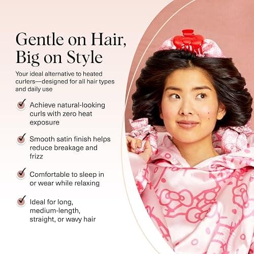 Hello Kitty x Kitsch Satin Heatless Hair Curler Set - Heatless Curls Overnight, Hair Rollers for Soft Curls & Frizz-Free Styling, No Heat Curlers To Sleep in, Curling Rod Headband - Pink Kitty Faces thumbnail 3
