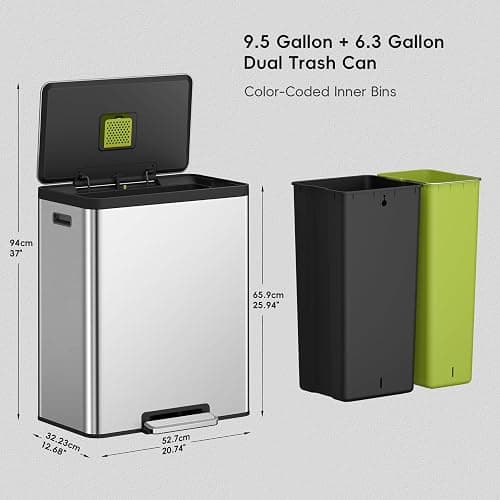 EKO EcoCasa II 36L+24L Dual Trash Can with Recycle Bin, Stainless Steel Garbage Can with Lid, Deodorizer Compartment, Odor-Proof and Fingerprint Resistant - 36L+24L thumbnail 2