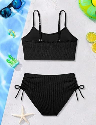 Boiltcat Girls Swimsuit Solid Color Adjustable Spaghetti Straps Drawstring Two Piece Bikini Set Girls Bathing Suit for 9-16Y thumbnail 7