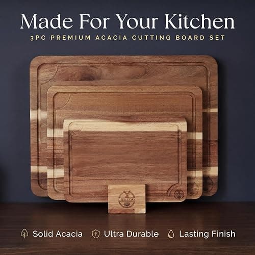 Pre-Oiled, Non Toxic 3-Piece Acacia Cutting Board Set with Stand, FSC Certified Wooden Chopping Boards, Includes 3.4 fl oz Chopping Board Oil, 3 Wood Carving Boards for Home, BBQ Kitchen, Deer & Oak thumbnail 3