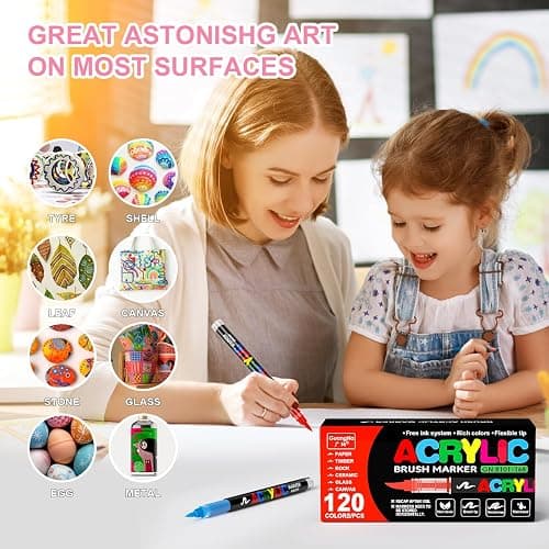 DICEKOO 120 Colors Acrylic Paint Markers, Soft Brush Tip Pens with Automatic Ink Control System, Waterproof, Quick-Drying, Lightfast, for Rock Painting, Canvas, Wood, Egg & DIY Crafts Art Supplies thumbnail 5