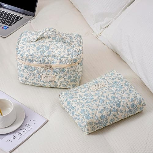 RSRSLEII Large Quilted Makeup Bag for Women and Girls, Cute Coquette Floral Cotton Cosmetic Bag, Aesthetic Travel Organized Toiletry Bags (09Light Blue Flower) thumbnail 6