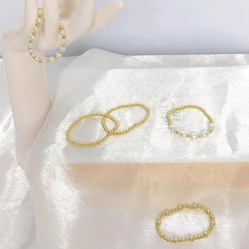 Gold Bracelets for Women Pearl Bracelet 14k Gold Plated Beaded Bracelet for Women Gold Stretch Bead Ball Bracelets Set Adjustable Gold Jewelry for Birthday Christmas Mother's Day Gifts thumbnail 6