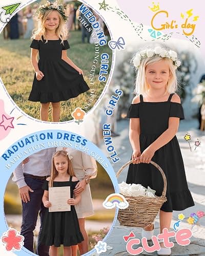 Xaatren Girls Summer Dresses 5-14Y | Party Birthday Princess Formal Dress, Cute Cold Shoulder Ruffle Hem Sundress, Dresses for Teens, Soft Trendy Vacation Clothes thumbnail 5