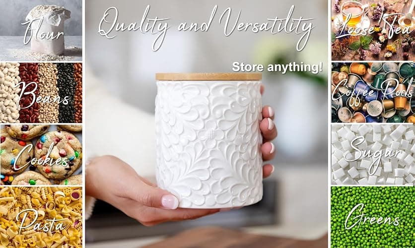 Small Engraved Ceramic Kitchen Canister - Storage Jars with Airtight Lids Made from Bamboo with Nature-Inspired Engraving - Use as a Pasta Holder, Coffee Ground Holder, Rice Container - 30 Ounces thumbnail 7