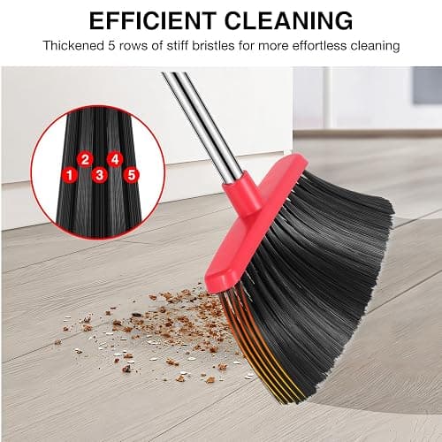NACENA Broom and Dustpan Set, 52-in Long Adjustable Handle Broom Dustpan Combo with Dustpan Teeth to Automatically Clean Hair Suitable for Home Kitchen Office Hall Floor（Black&Red） thumbnail 7