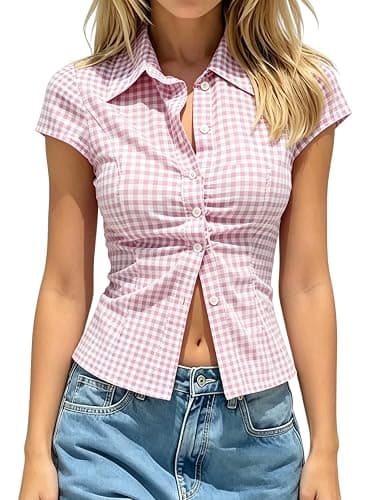 Women Button Up Fitted Blouses Short Sleeve Y2k Shirts Collared Crop Top - Image 1